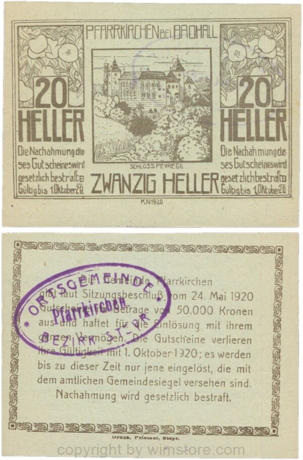 Pfarrkirchen bei Bad Hall, G743.1e, 20 Heller, Papier grün, mit Gemeindestempel, 1