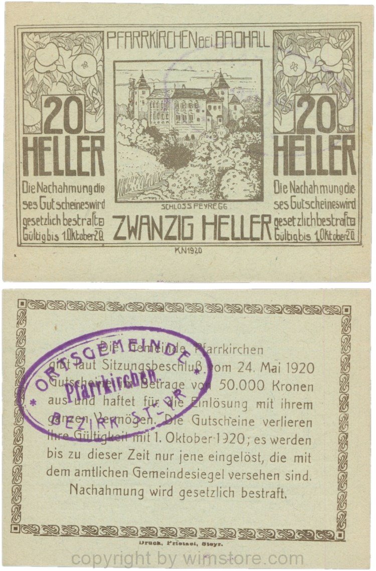 Pfarrkirchen bei Bad Hall, G743.1e, 20 Heller, Papier grün, mit Gemeindestempel, 1