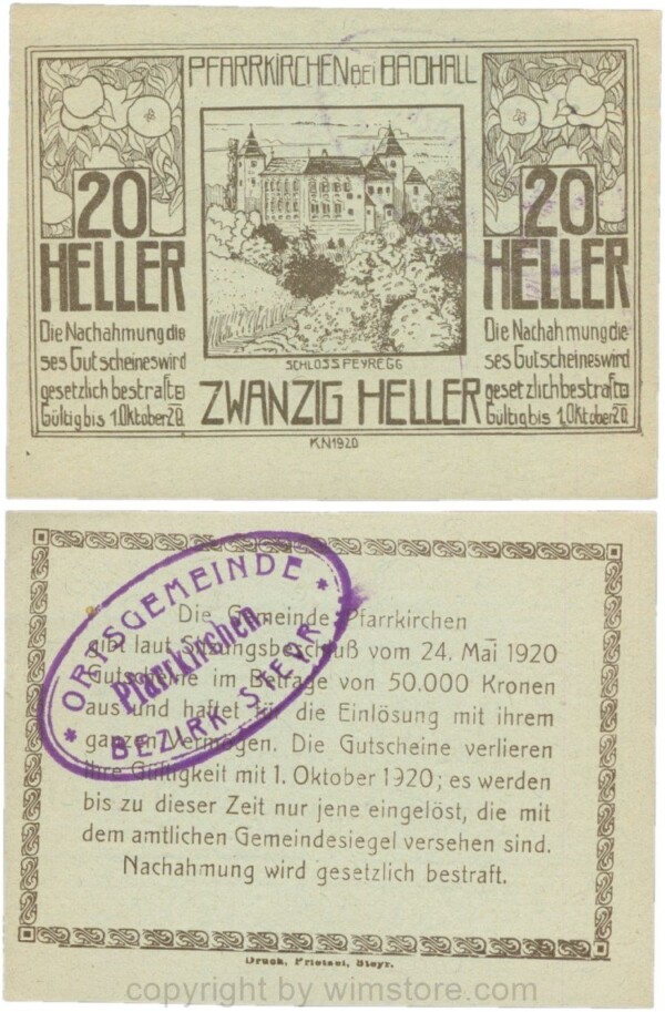 Pfarrkirchen bei Bad Hall, G743.1e, 20 Heller, Papier grün, mit Gemeindestempel, 1