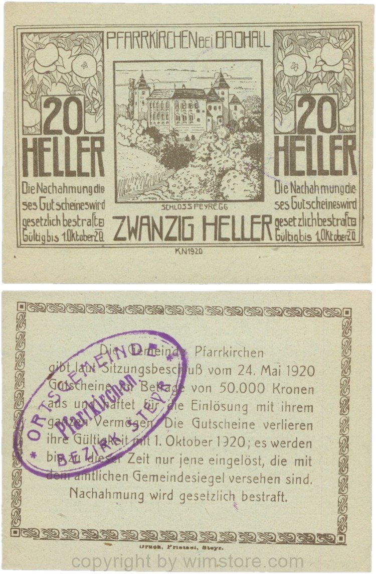 Pfarrkirchen bei Bad Hall, G743.1e, 20 Heller, Papier grün, mit Gemeindestempel, 1