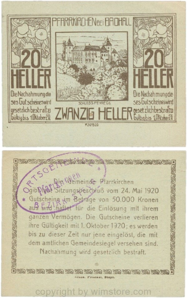 Pfarrkirchen bei Bad Hall, G743.1e, 20 Heller, Papier grün, mit Gemeindestempel, 1-