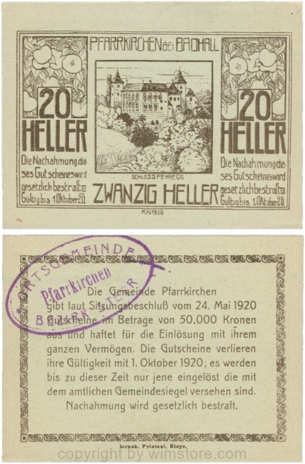 Pfarrkirchen bei Bad Hall, G743.1e, 20 Heller, Papier grün, mit Gemeindestempel, 1-
