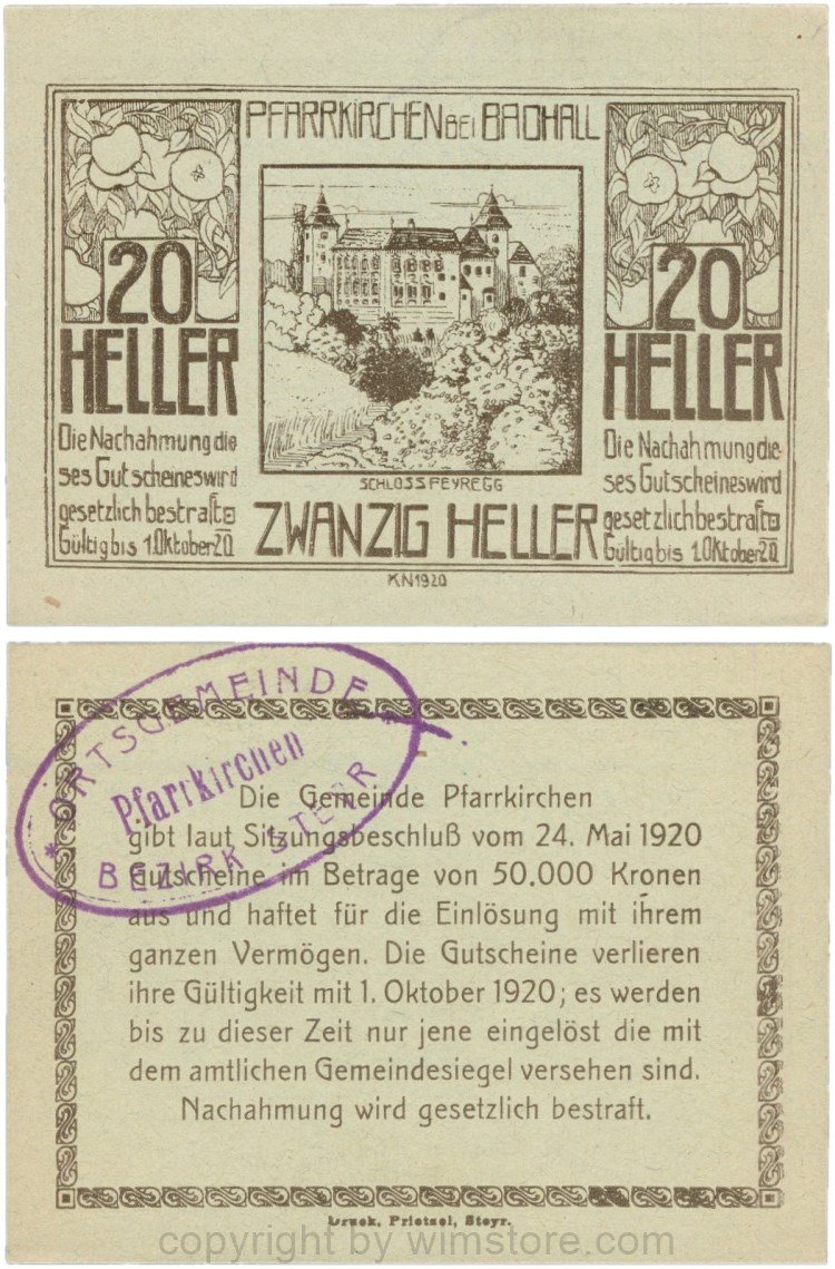 Pfarrkirchen bei Bad Hall, G743.1e, 20 Heller, Papier grün, mit Gemeindestempel, 1-