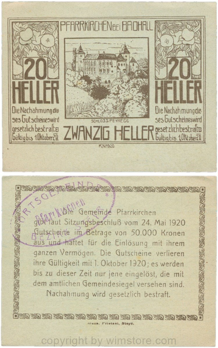 Pfarrkirchen bei Bad Hall, G743.1e, 20 Heller, Papier grün, mit Gemeindestempel, 1-