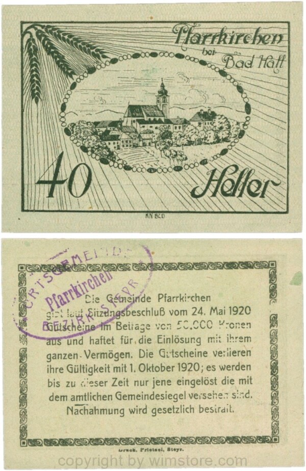 Pfarrkirchen bei Bad Hall, G743.1f, 40 Heller, Papier grün, mit Gemeindestempel, 1