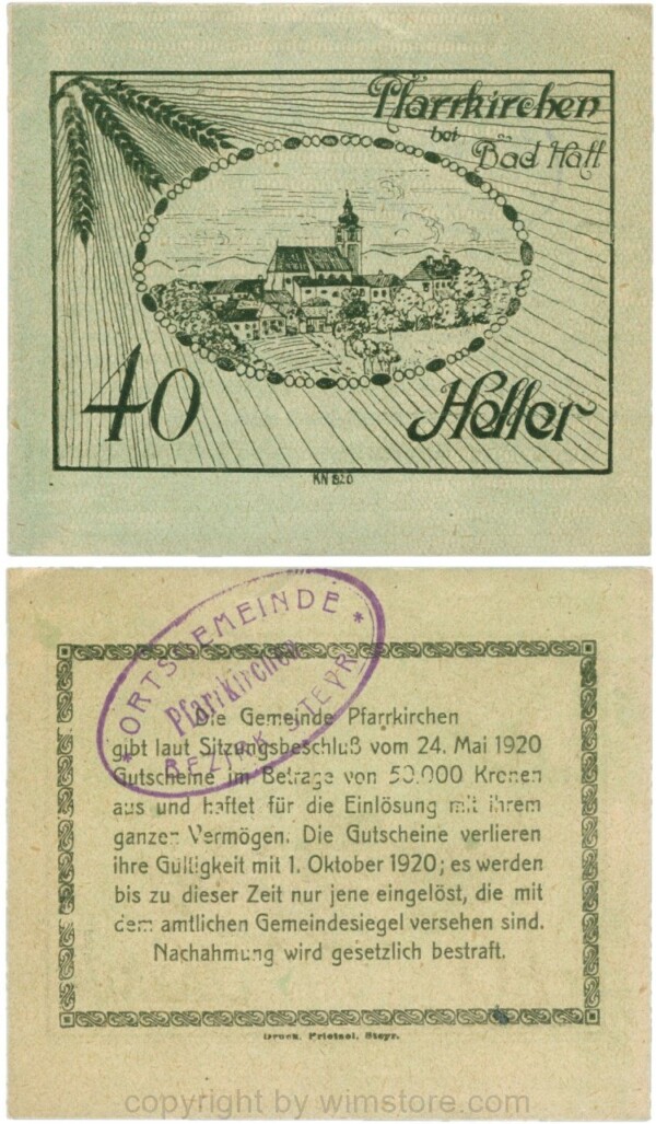Pfarrkirchen bei Bad Hall, G743.1f, 40 Heller, Papier grün, mit Gemeindestempel, 1