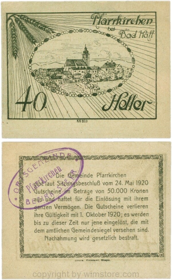 Pfarrkirchen bei Bad Hall, G743.1f, 40 Heller, Papier grün, mit Gemeindestempel, 1