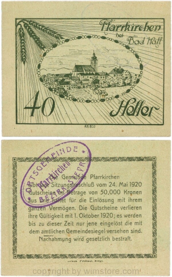 Pfarrkirchen bei Bad Hall, G743.1f, 40 Heller, Papier grün, mit Gemeindestempel, 1