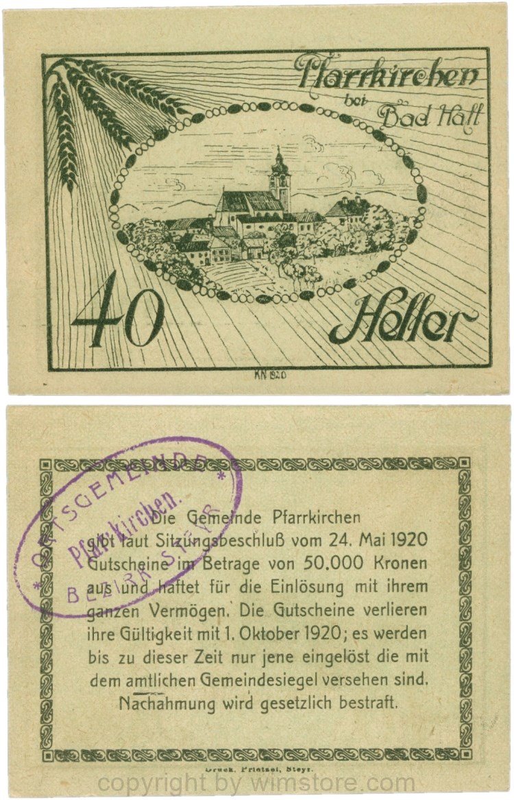 Pfarrkirchen bei Bad Hall, G743.1f, 40 Heller, Papier grün, mit Gemeindestempel, 1