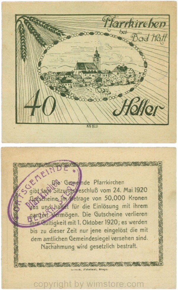 Pfarrkirchen bei Bad Hall, G743.1f, 40 Heller, Papier grün, mit Gemeindestempel, 1-