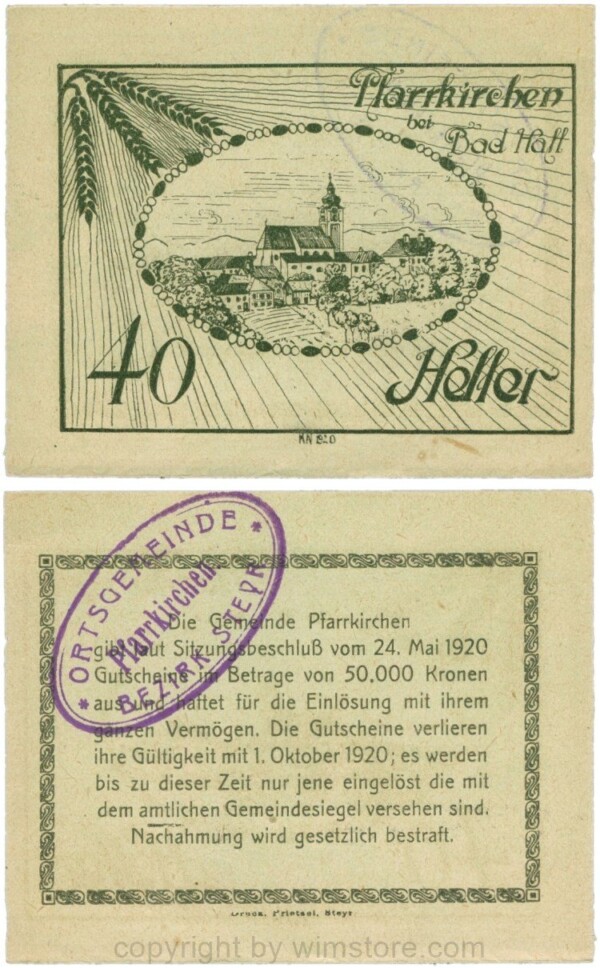 Pfarrkirchen bei Bad Hall, G743.1f, 40 Heller, Papier grün, mit Gemeindestempel, 1-