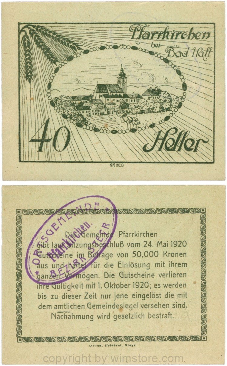Pfarrkirchen bei Bad Hall, G743.1f, 40 Heller, Papier grün, mit Gemeindestempel, 1-