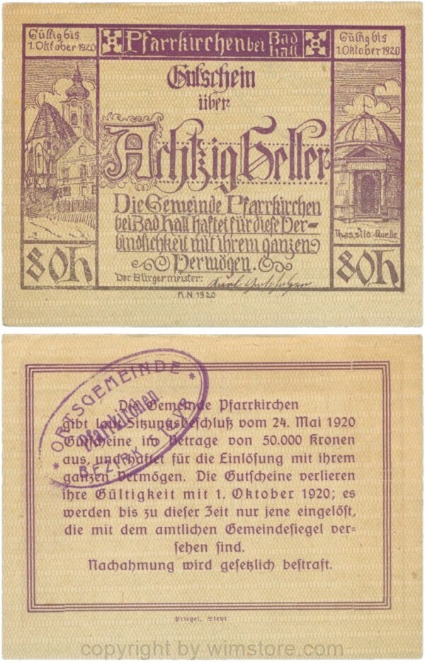 Pfarrkirchen bei Bad Hall, G743.1i, 80 Heller, bds. Udr. 1 braun, Dfa. 12 mm, mit Gemeindestempel, 1-