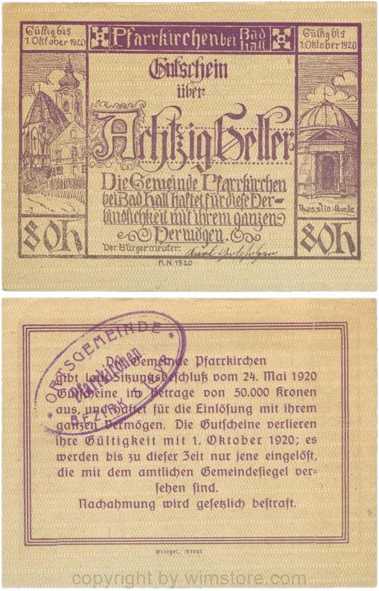 Pfarrkirchen bei Bad Hall, G743.1i, 80 Heller, bds. Udr. 1 braun, Dfa. 12 mm, mit Gemeindestempel, 1-