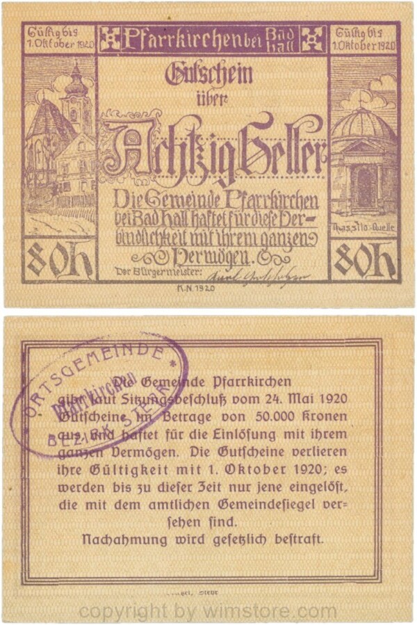 Pfarrkirchen bei Bad Hall, G743.1i, 80 Heller, bds. Udr. 1 braun, Dfa. 12 mm, mit Gemeindestempel, 1-