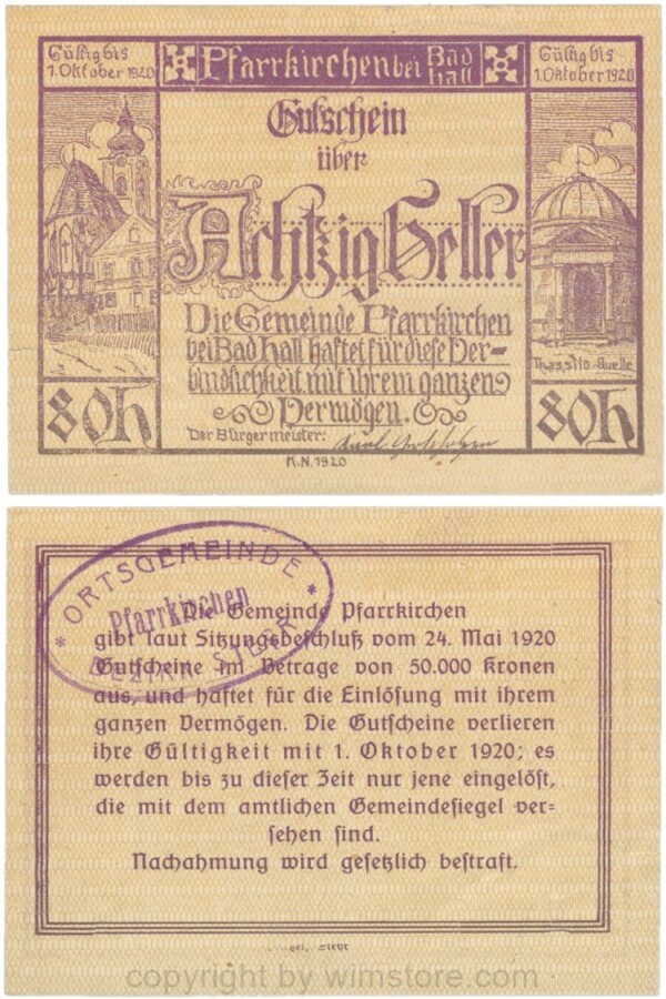 Pfarrkirchen bei Bad Hall, G743.1i, 80 Heller, bds. Udr. 1 braun, Dfa. 12 mm, mit Gemeindestempel, 1-