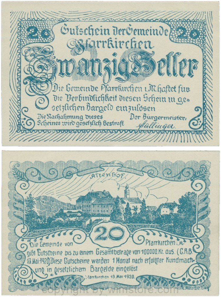 Pfarrkirchen im Mühlkreis, G744.1a, 20 Heller, Druck blau, Papier grau und dick, 1