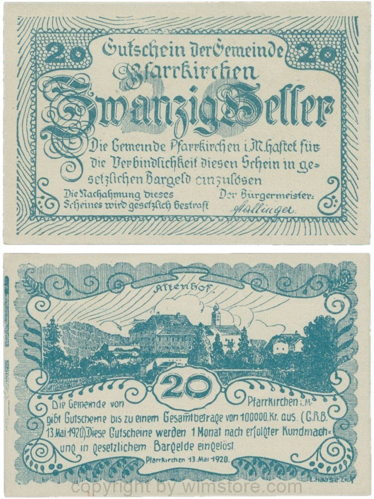 Pfarrkirchen im Mühlkreis, G744.1a, 20 Heller, Druck blau, Papier grau und dick, 1