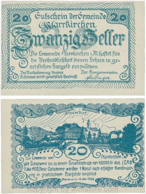 Pfarrkirchen im Mühlkreis, G744.1a, 20 Heller, Druck blau, Papier grau und dick, 1