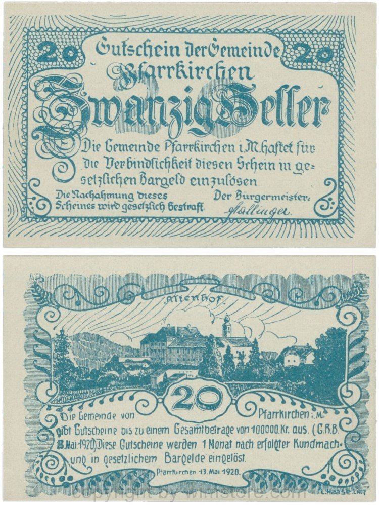 Pfarrkirchen im Mühlkreis, G744.1da, 20 Heller, Fehldruck, ein Halbmond über dem r von Heller, Druck blau, Papier grau und dick, 1