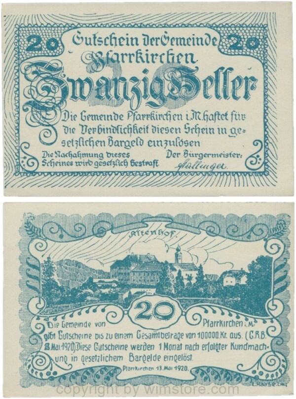 Pfarrkirchen im Mühlkreis, G744.1da, 20 Heller, Fehldruck, ein Halbmond über dem r von Heller, Druck blau, Papier grau und dick, 1