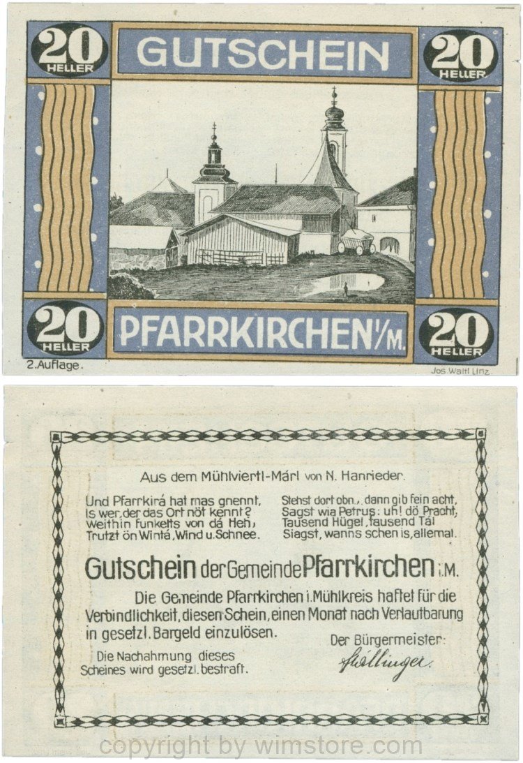 Pfarrkirchen im Mühlkreis, G744.2a, 20 Heller, 2. Auflage, Papier weiss, Rahmen blau/braun, 1