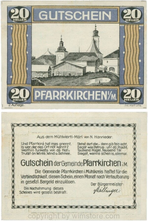 Pfarrkirchen im Mühlkreis, G744.2a, 20 Heller, 2. Auflage, Papier weiss, Rahmen blau/braun, 1