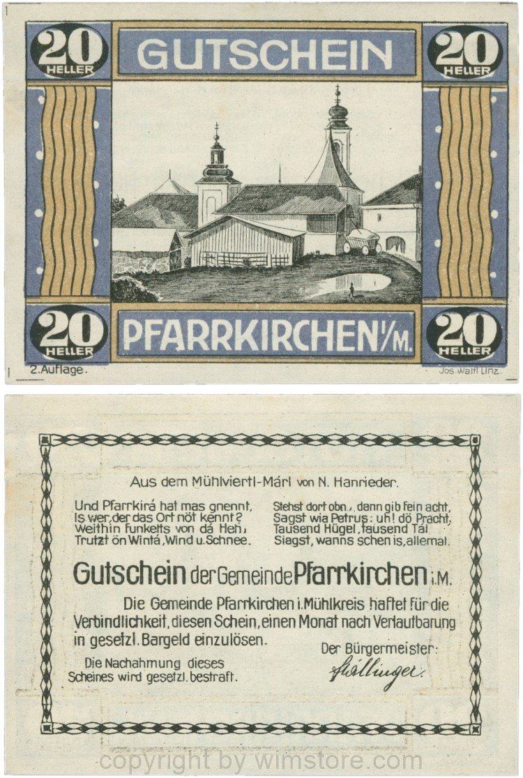 Pfarrkirchen im Mühlkreis, G744.2a, 20 Heller, 2. Auflage, Papier weiss, Rahmen blau/braun, 1
