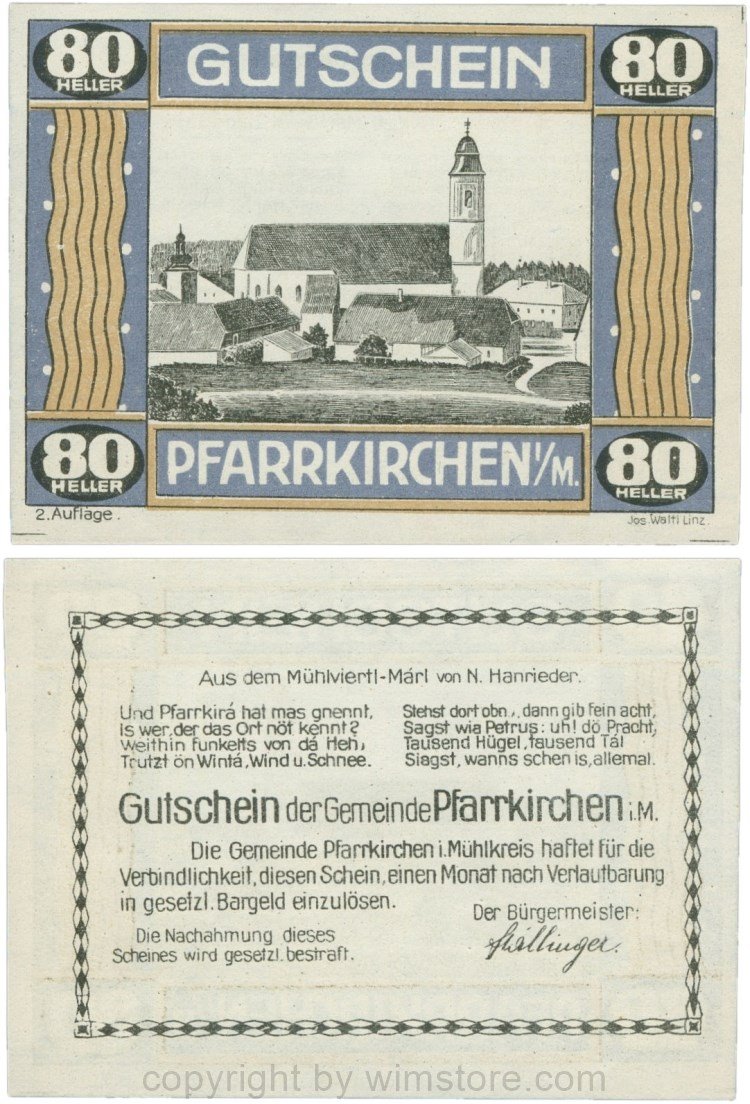 Pfarrkirchen im Mühlkreis, G744.2a, 80 Heller, 2. Auflage, Papier weiss, Rahmen blau/braun, 1