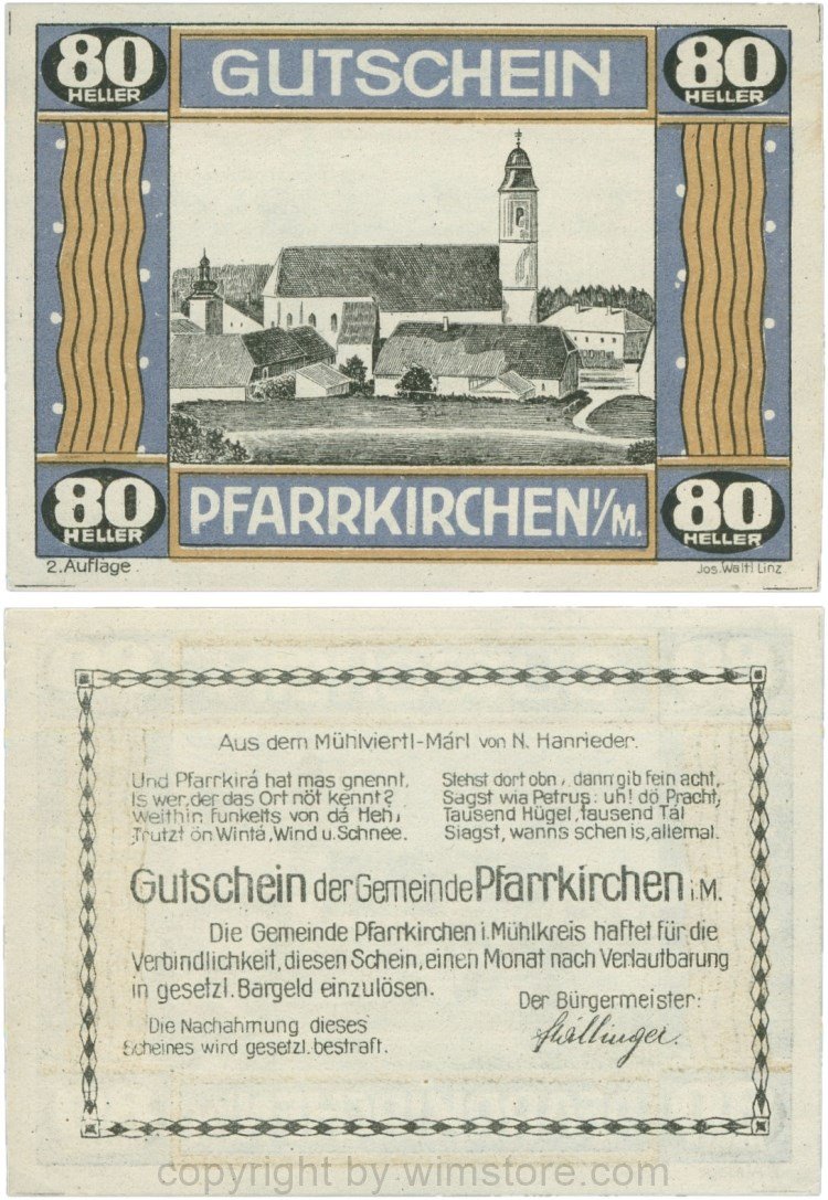 Pfarrkirchen im Mühlkreis, G744.2a, 80 Heller, 2. Auflage, Papier weiss, Rahmen blau/braun, 1