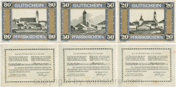 Pfarrkirchen im Mühlkreis, G744.2a, Bogen, 80/50/20 Heller, 2. Auflage, Papier weiss, Rahmen blau/braun, 1-, Stockflecke, gefaltet