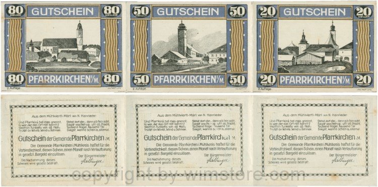 Pfarrkirchen im Mühlkreis, G744.2a, Bogen, 80/50/20 Heller, 2. Auflage, Papier weiss, Rahmen blau/braun, 1-, Stockflecke, gefaltet