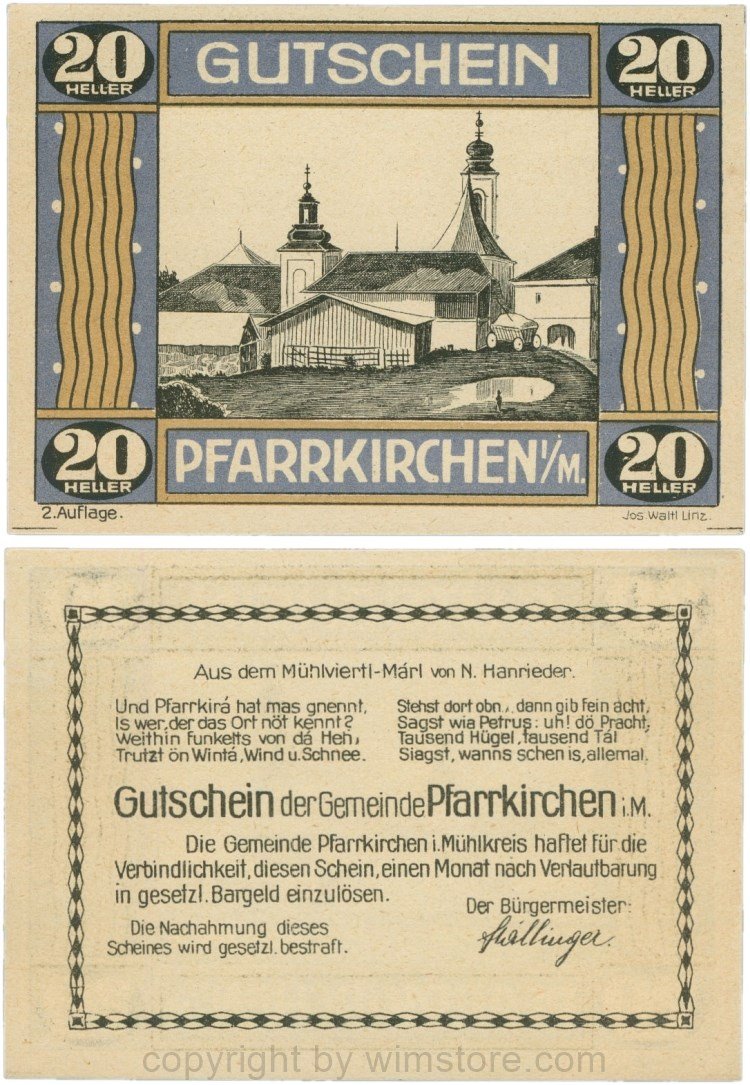 Pfarrkirchen im Mühlkreis, G744.2b, 20 Heller, 2. Auflage, Papier gelblich, Rahmen blau/braun, 1
