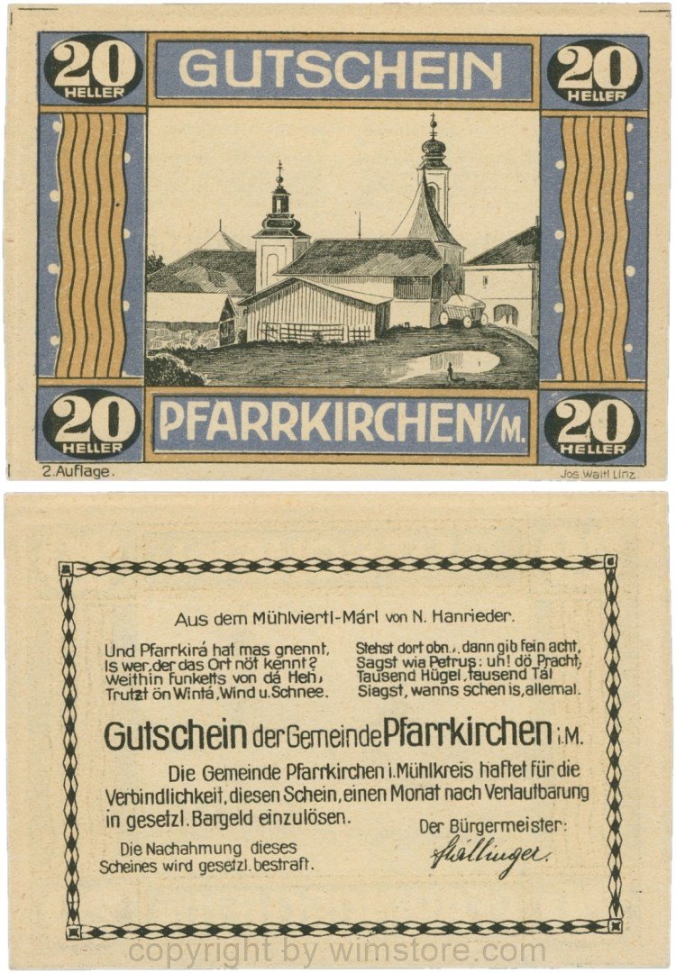 Pfarrkirchen im Mühlkreis, G744.2b, 20 Heller, 2. Auflage, Papier gelblich, Rahmen blau/braun, 1
