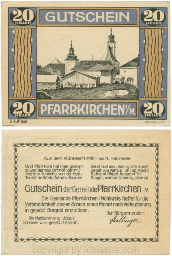 Pfarrkirchen im Mühlkreis, G744.2b, 20 Heller, 2. Auflage, Papier gelblich, Rahmen blau/braun, 1-