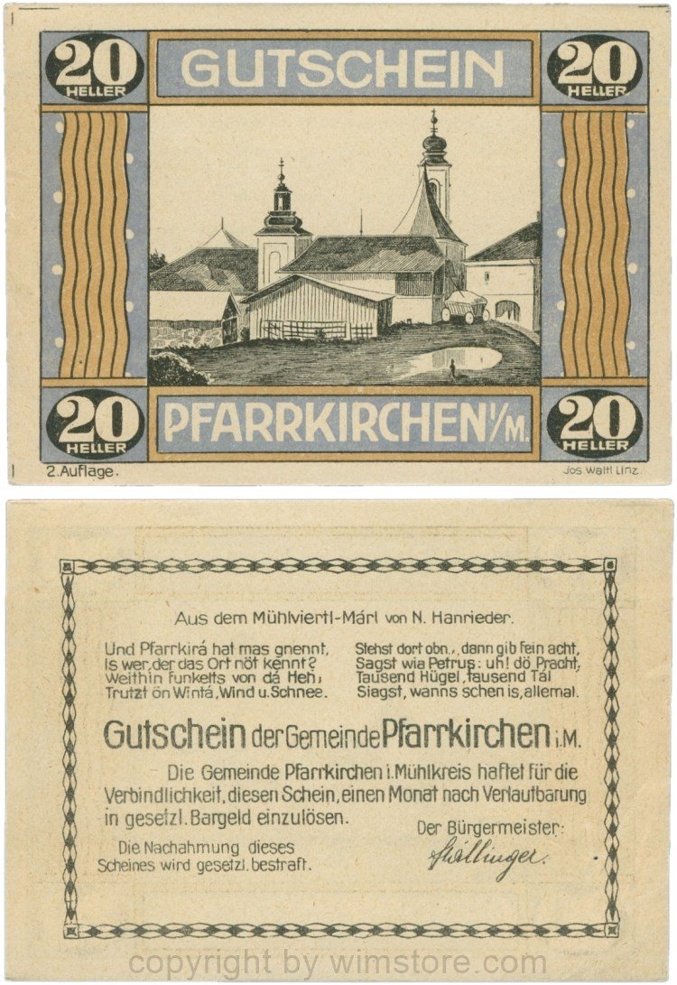 Pfarrkirchen im Mühlkreis, G744.2b, 20 Heller, 2. Auflage, Papier gelblich, Rahmen blau/braun, 1-