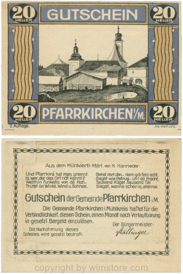 Pfarrkirchen im Mühlkreis, G744.2b, 20 Heller, 2. Auflage, Papier gelblich, Rahmen blau/braun, 1-