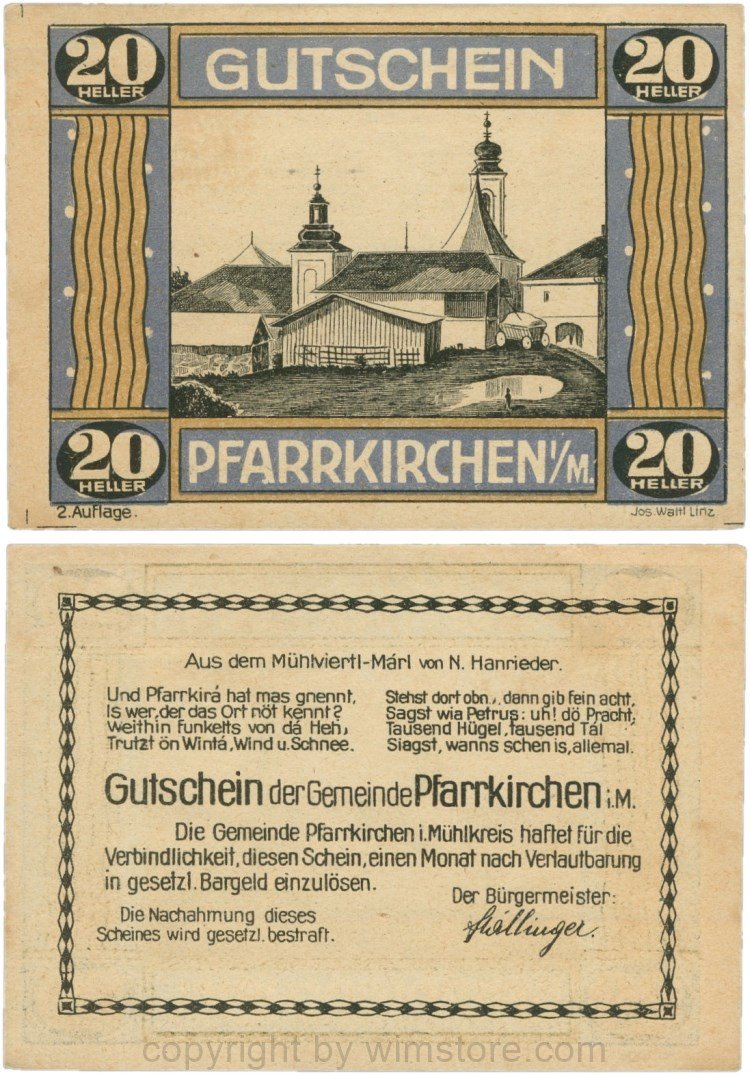 Pfarrkirchen im Mühlkreis, G744.2b, 20 Heller, 2. Auflage, Papier gelblich, Rahmen blau/braun, 1-