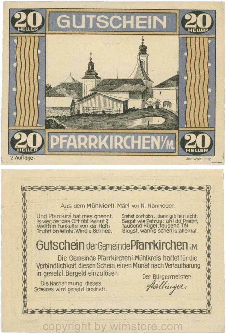 Pfarrkirchen im Mühlkreis, G744.2b, 20 Heller, 2. Auflage, Papier gelblich, Rahmen blau/braun, 1-