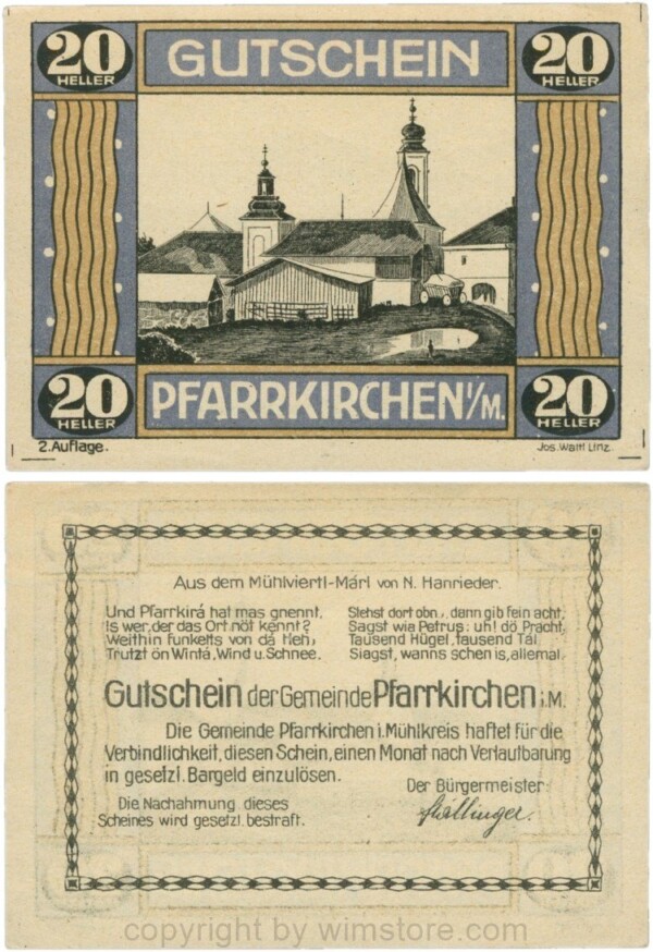 Pfarrkirchen im Mühlkreis, G744.2b, 20 Heller, 2. Auflage, Papier gelblich, Rahmen blau/braun, 1-