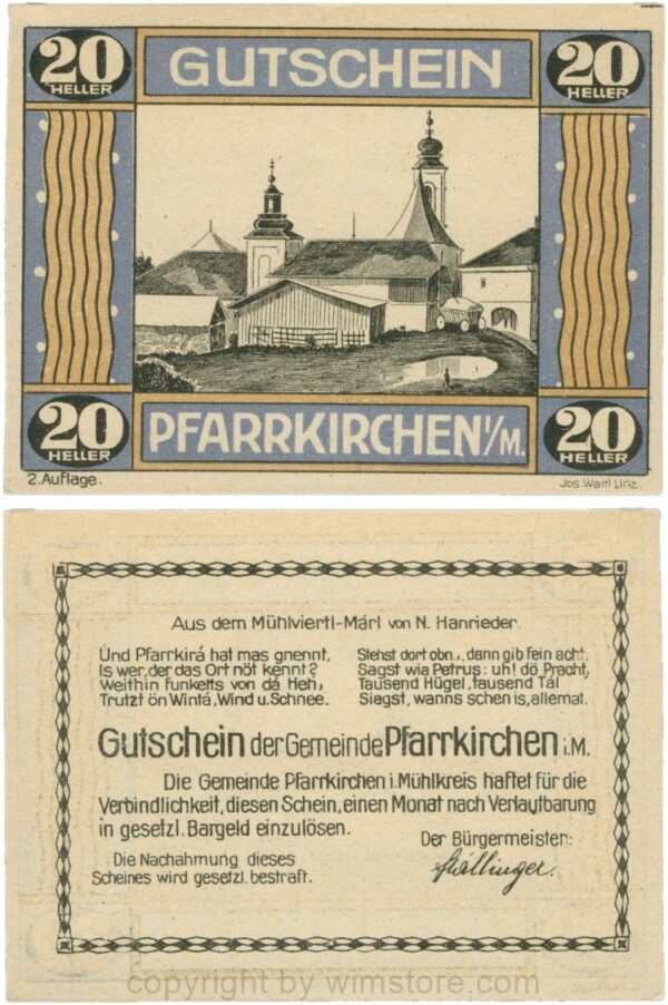 Pfarrkirchen im Mühlkreis, G744.2b, 20 Heller, 2. Auflage, Papier gelblich, Rahmen blau/braun, 1-