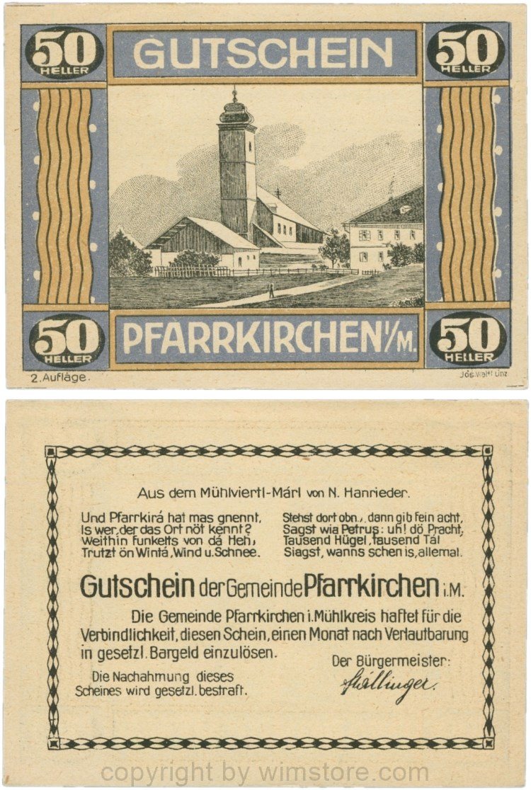 Pfarrkirchen im Mühlkreis, G744.2b, 50 Heller, 2. Auflage, Papier gelblich, Rahmen blau/braun, 1