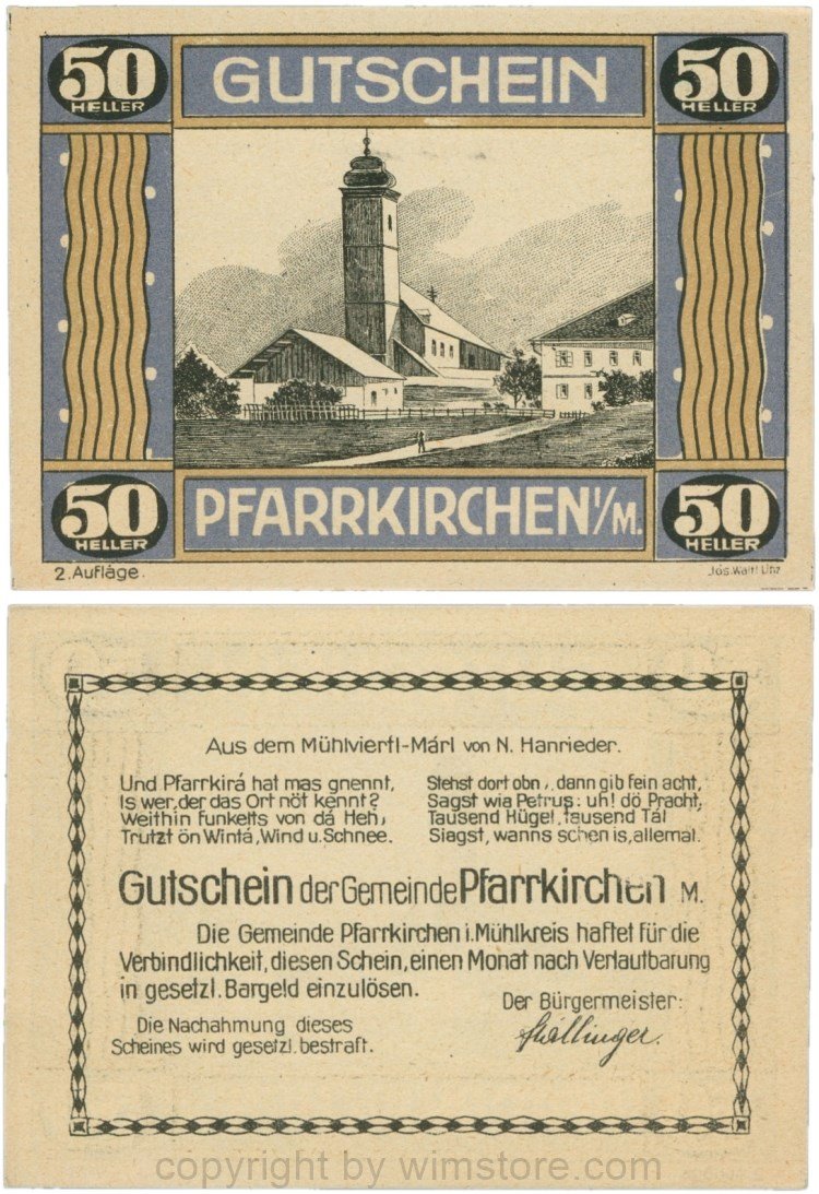 Pfarrkirchen im Mühlkreis, G744.2b, 50 Heller, 2. Auflage, Papier gelblich, Rahmen blau/braun, 1