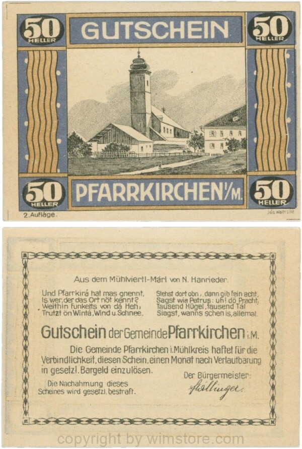 Pfarrkirchen im Mühlkreis, G744.2b, 50 Heller, 2. Auflage, Papier gelblich, Rahmen blau/braun, 1