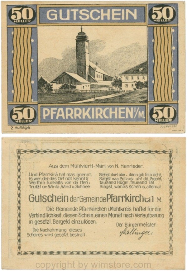 Pfarrkirchen im Mühlkreis, G744.2b, 50 Heller, 2. Auflage, Papier gelblich, Rahmen blau/braun, 1