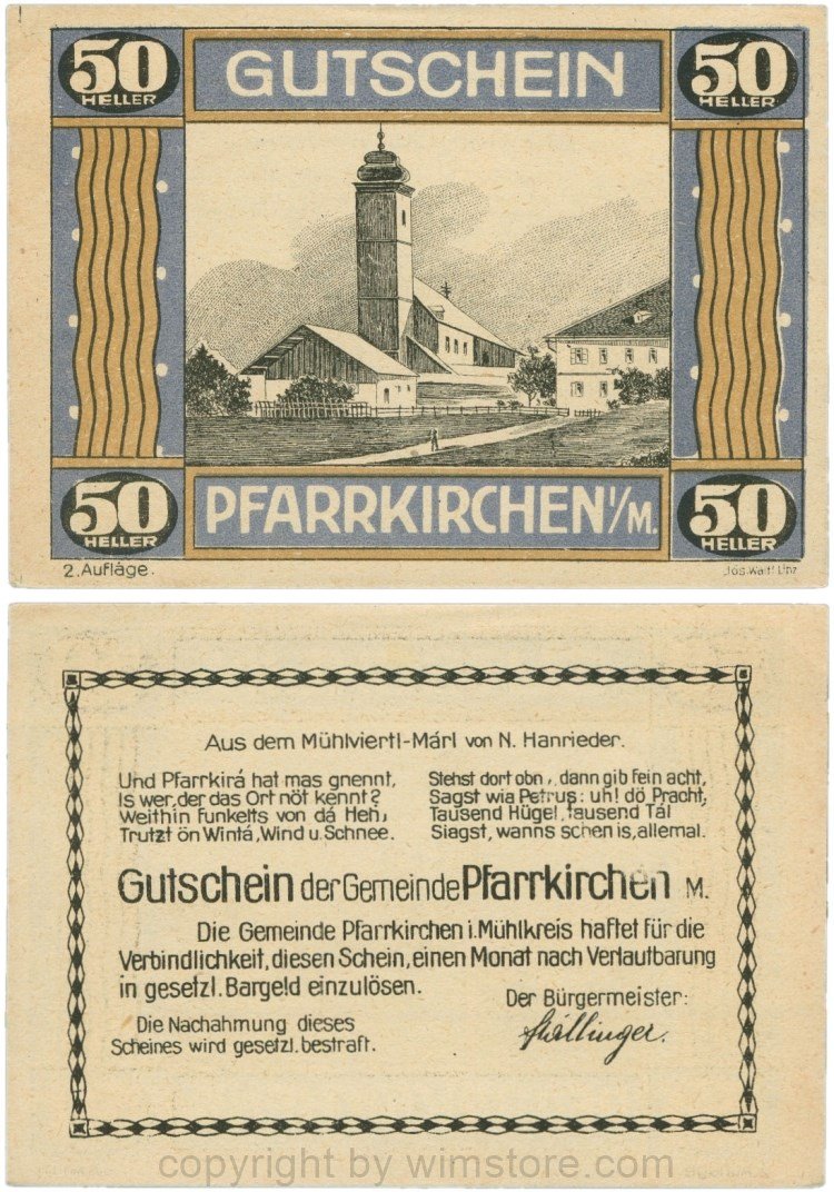 Pfarrkirchen im Mühlkreis, G744.2b, 50 Heller, 2. Auflage, Papier gelblich, Rahmen blau/braun, 1