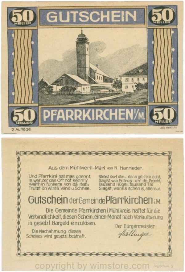 Pfarrkirchen im Mühlkreis, G744.2b, 50 Heller, 2. Auflage, Papier gelblich, Rahmen blau/braun, 1