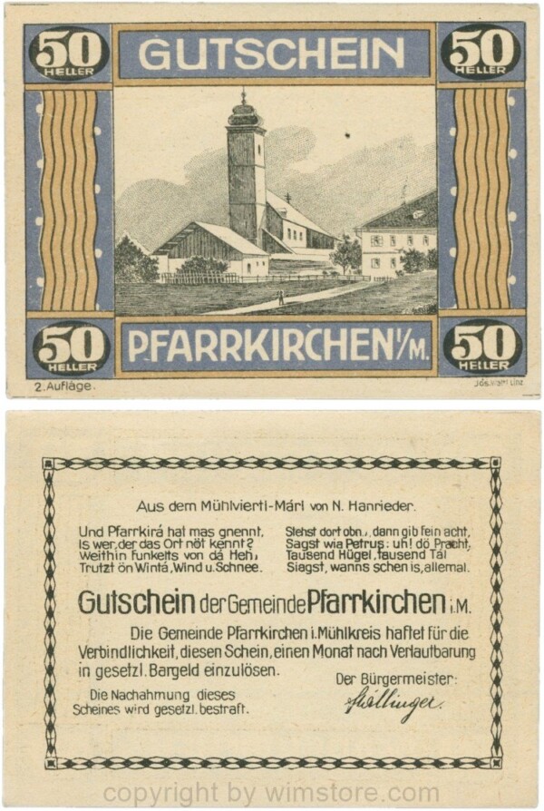Pfarrkirchen im Mühlkreis, G744.2b, 50 Heller, 2. Auflage, Papier gelblich, Rahmen blau/braun, 1-