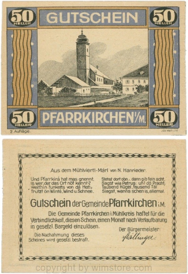 Pfarrkirchen im Mühlkreis, G744.2b, 50 Heller, 2. Auflage, Papier gelblich, Rahmen blau/braun, 1-
