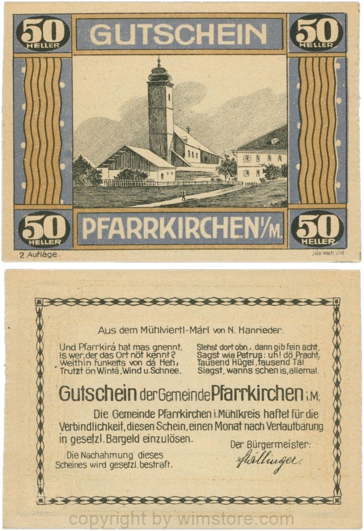Pfarrkirchen im Mühlkreis, G744.2b, 50 Heller, 2. Auflage, Papier gelblich, Rahmen blau/braun, 1-